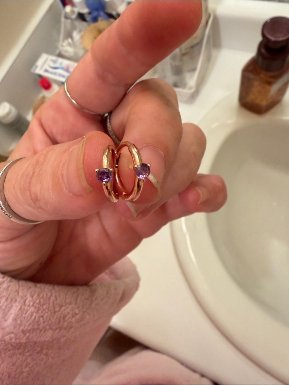 Pandora Rose Gold Hoops with Purple Gemstones